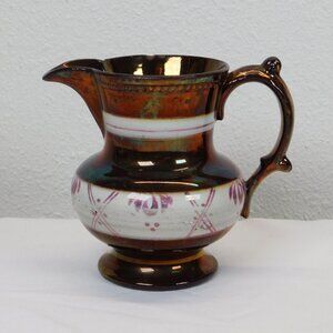 Staffordshire Copper Lustreware 4 1/4" tall Creamer White Band Pink Antique FLAW